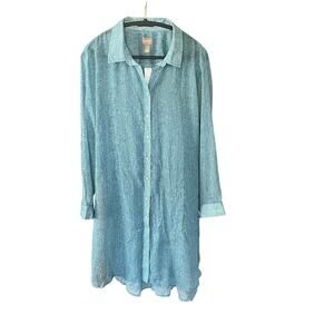 Chicos Indigo Herringbone Button Down Long Tunic Size 3 NEW Sheer
